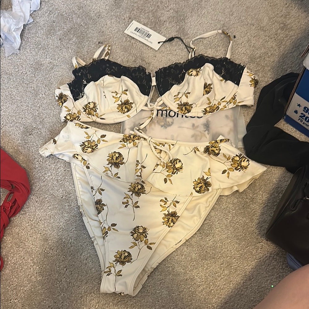 Montce gold filigree Bikini Set with Black Lace top and matching sarong